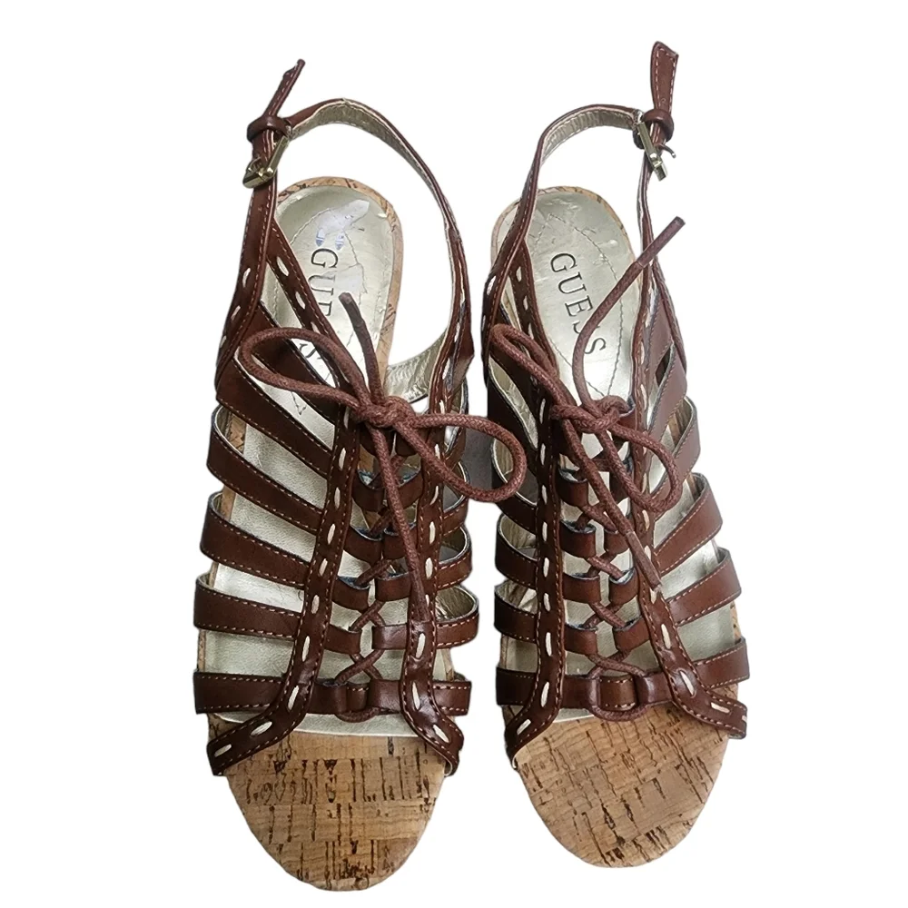 Guess Brown Gladiator Lace Up Cut Out Slingback Platform Wedge Heels size 7.5